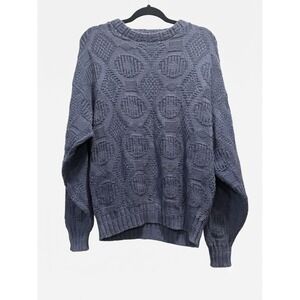 Lake Harmony USA Vintage Mens Large Cotton Knit Sweater Textured Geometric Blue